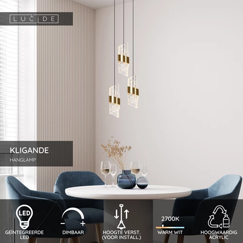 Lucide KLIGANDE - Hanglamp - Ø 25 cm - LED Dimb. - 3x8W 2700K - Mat Goud / Messing - USP